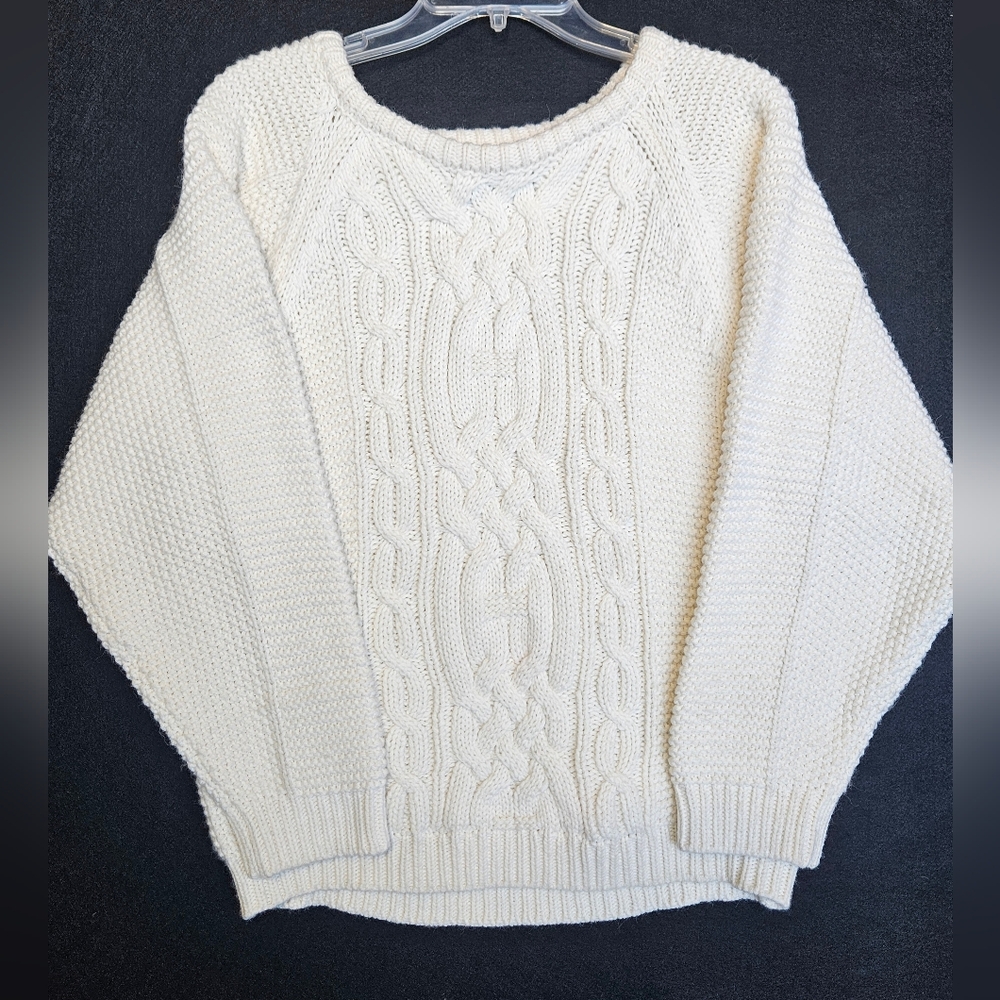 Lumiere Cable Knit Sweater Womens L White Fisherman Crew Neck Chunky Lounge Cozy